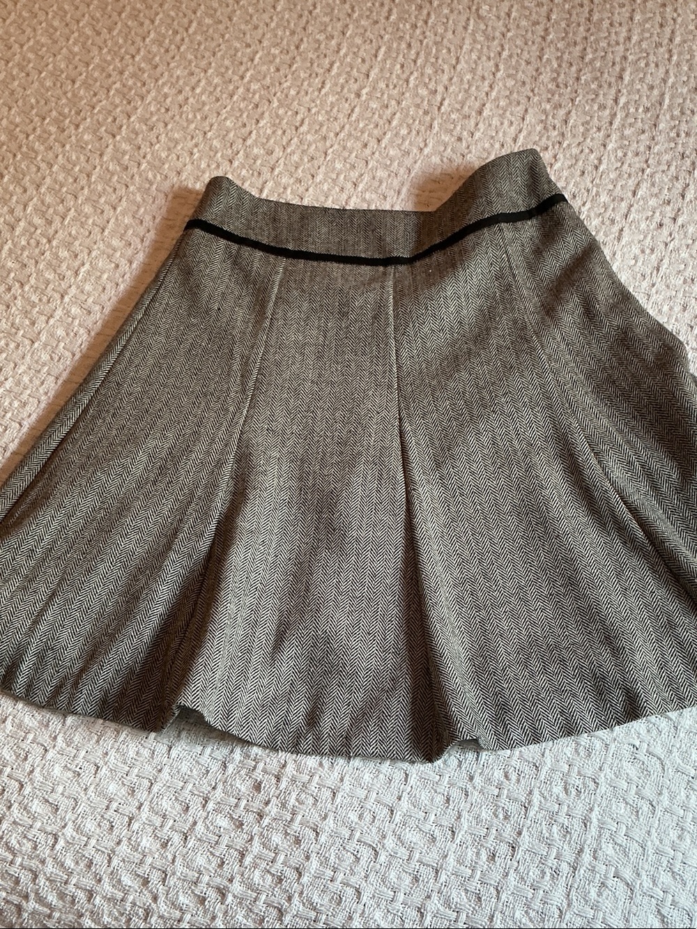 Herringbone A-Line Skirt in Ivory with Black Waist Trim